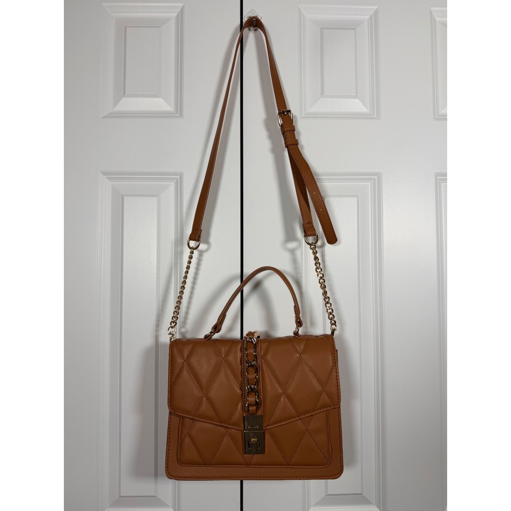 Aldo Quilted Cognac Brown Crossbody Bag Gold Chain Detail Satchel Top Handle